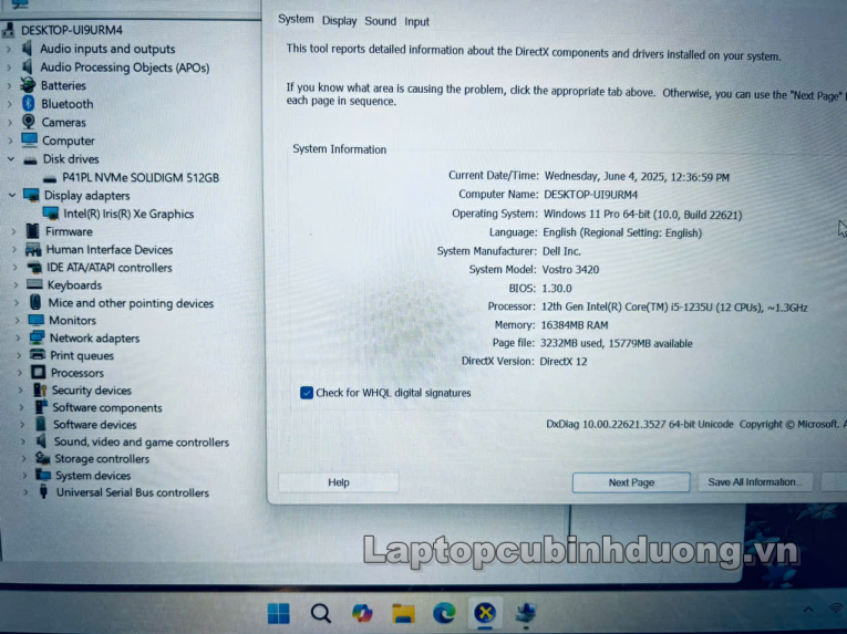 Laptop Cũ Bình Dương - Dell Vostro 3420 I5 1235u Ram 16gb SSD Laptopcubinhduong.vn 1