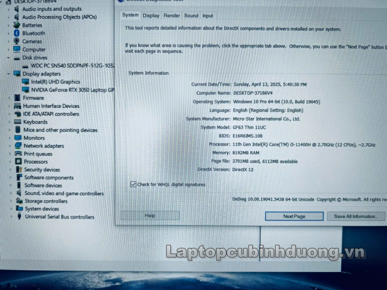 Laptop Cũ Bình Dương - MSI Gaming GF63 Thin 11UC Laptopcubinhduong.vn 2